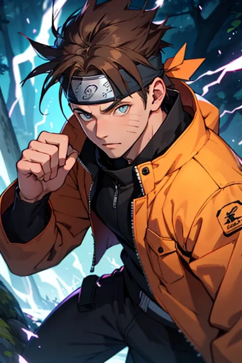 A European looking guy with messy straight brown hair, Handsome, High quality picture, With Naruto headband With beaver symbol, Blue jacket, 4K quality, In the nature, Electricity in one hand, nice eyes