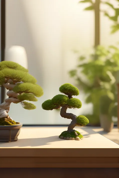 There is a bonsai tree in a pot on the table, Bonsai tree, natural realistic render, Detailed natural lighting, Made from bonsai, potted, Subtle depth of field, afternoon lighting, semi-realistic rendering, Render in V-Ray, with backdrop of natural light, ...