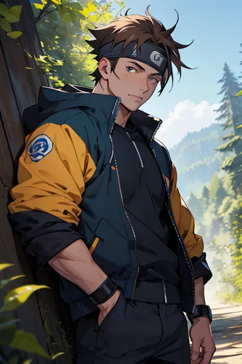 A European looking guy with messy straight brown hair, Handsome, High quality picture, With Naruto headband With beaver symbol, Blue jacket, 4K quality, In the nature, both eyes clear