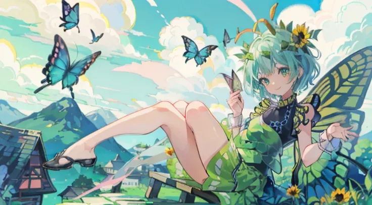 ((On a table, Best quality: 1.1), ((Anime girl in green skirt)), in an art nouveau style、goblin girl, Shown in, ((Aqua hair))、Short hair details、((Jewel-like eyes and long transparent eyelashes))、Very beautiful girl, Anime manga girl, ｛｛Bareleged｝｝,  Inspi...