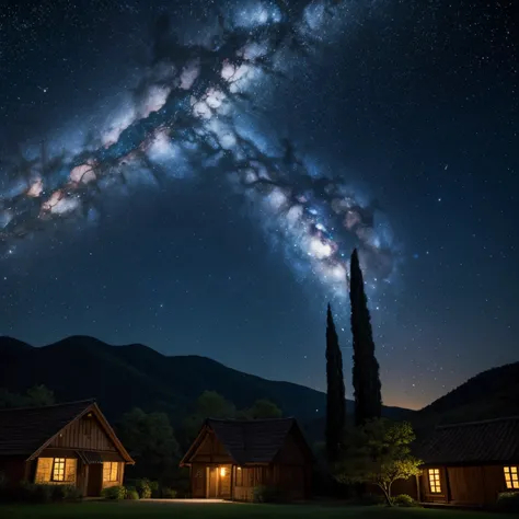 Starry night, spiral 🌀 galaxies, galaxy, moon, stars, villages