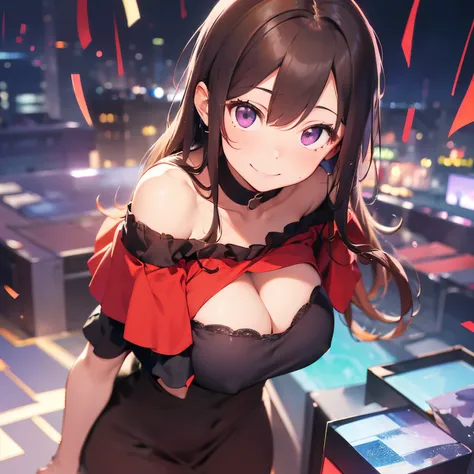 (leaning forward:1.5), from above, dutch angle, ​masterpiece、top-quality、25 year old woman with light chestnut hair and long purple eyes、(red off shoulder blouse:1.3)、Cleavage is visible、(A shy and gentle smile:1.3)、(Staring:1.5)、The background is a luxury...