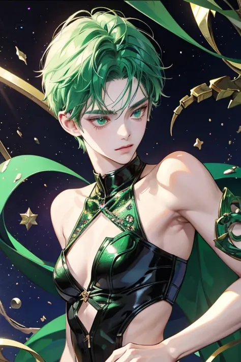 anime style; 3d; glitter; horoscope sign Scorpius diva; color dark green; Scorpion details; ♏ symbol; malachite stone;