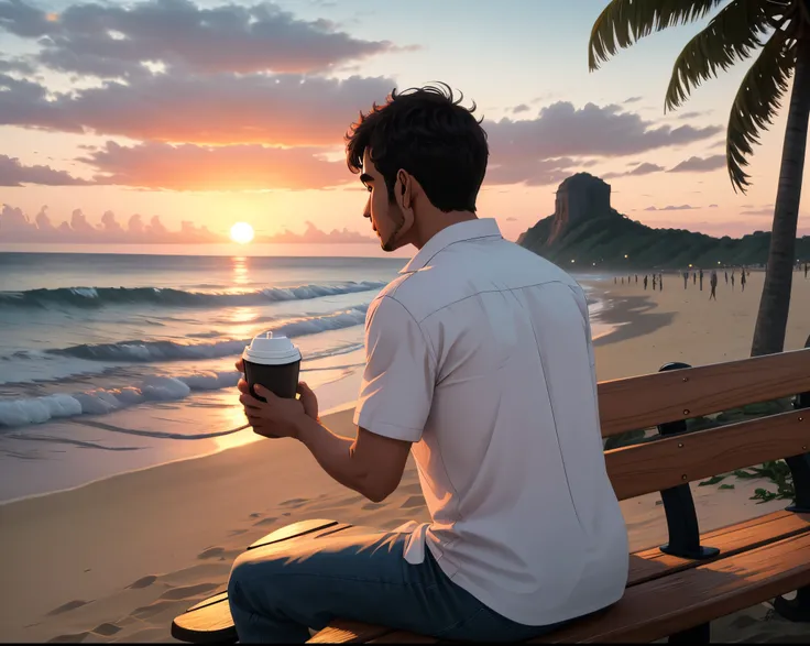 A person sitting on a beach bench drinking coffee and watching sunset. Show his back and on his shirt is written Moosa Hassan