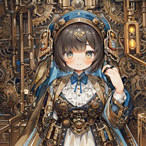 1girl in、(PastelColors:1.3)、(Cute illustration:1.3)、(watercolor paiting:1.1)、A smile、(、patterns、Writing、((Shy face))、Idle Pose、Huge gears background、((Steampunk clothes:1.4)), A smile、Focus on the eyes、A dark-haired：1.3、Shake your head、steampunc：2、looking ...