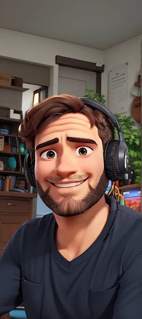 Man smiling  with headset with beard and dark hair