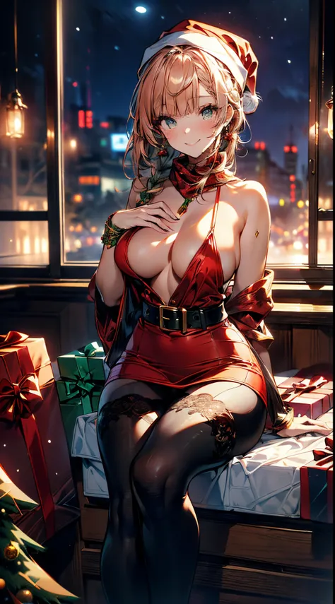 (Scine of Xmas events in Casino:1.3), ((matured girl wearing Sexy Santa clause costume with far:1.3, red dress with green, holding a present box in both hands to give viewers:1.2, close to viewers:1.2)), a matured woman with long black hair and a red outfi...