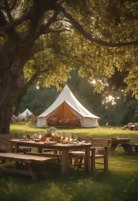 Auf einer weiten Wiese，no trees，Setting up garden furniture，There are tables and chairs，There are hanging chairs，Campingzelte，Great scene with natural light during the day，Hyperrealistisches digitales 3D-Rendering