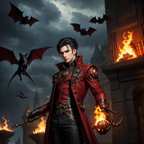 Gothic Steampunk room, male Vampire Artificer, Bats in sky, male Vampire in a Red and Black jacket, Rain in sky, Fire in on ground, Holding a steampunk stafe in hands