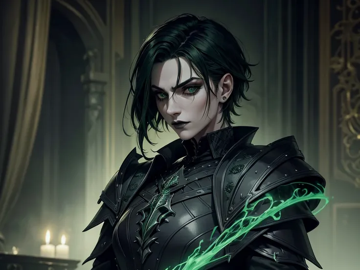 37:57 An adult vampire wizard character wearing a very detailed and beautiful gothic armor in black and green color his hair cut in a short style, black lip color, cor verde dos olhos;, manto, capuz, caminhando, 8k, Magnificent, Black and green gothic armo...