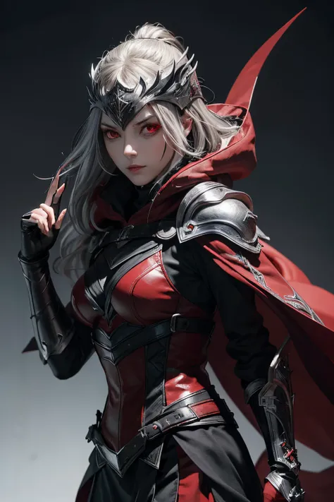 Assassin,silver and black and red helmet close face,red eye,black costume,silver armor,red short cloak,red and silver glove