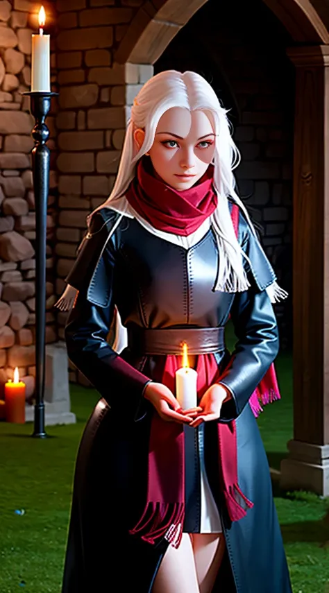 fair complexion, woman around 19 years old, natural white hair, distinctive red ruby eyes, wearing kohl, slender and graceful, beautiful, candlelight in a medieval setting, ultra sharp focus, realistic shot, medieval female clothes, tetradic colors (scarf:...