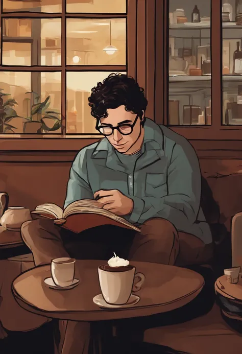 An image of Leonard sitting at a cozy coffee shop, sipping on a hot chocolate and reading a classic novel on theoretical physics.,The Big Bang Theory,Leonard is short with curly black hair and glasses, portrayed by Johnny Galecki, male