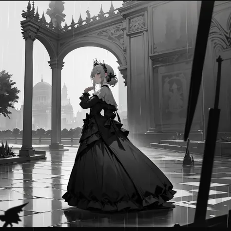 goth princess, palace, garden, rain, grey sky