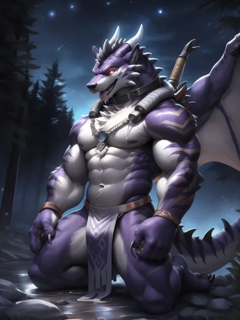 Solo, Male, (Muscular), sacrifice, (male anthro wolf):1.3, Dark purple body, nude, purple penis, huge penis, Wearing white headphones, white loincloth, (Kamimei):1.3 , (komono:1.4) (DOA):1.23, Detailed eyes, lizard tail,A pair of dragon horns, A pair of dr...