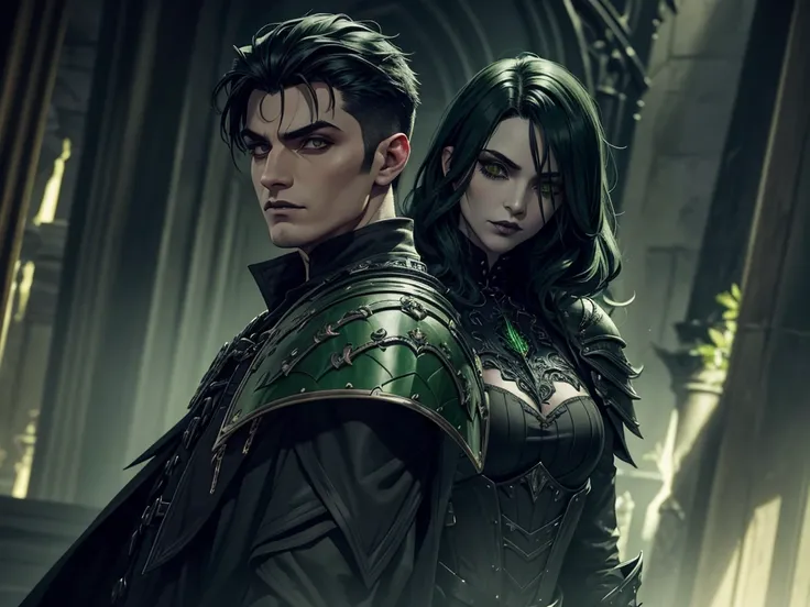 An adult vampire wizard character wearing a very detailed and beautiful gothic armor in black and green color his hair cut in a short style, black lip color, cor verde dos olhos;, manto, capuz, caminhando, 8k, Magnificent, Black and green gothic armor, cap...