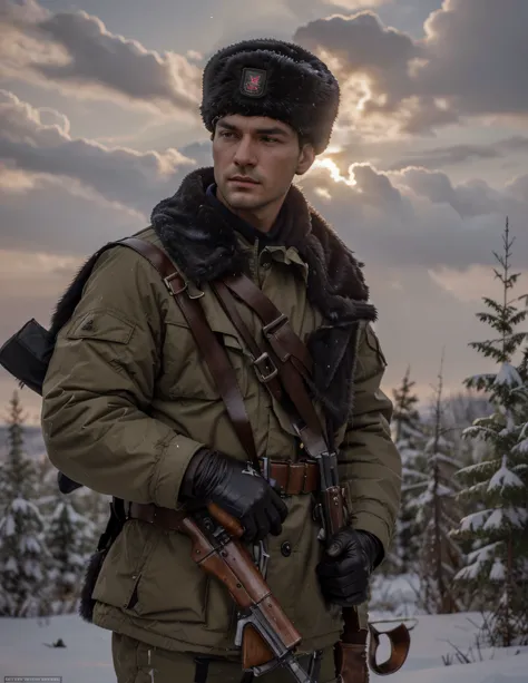 Soviet soldier, lleva un sombrero ushanka, cara polaca, cabello negro, manos enguantadas, brown uniform with dark red details, lleva una ametralladora, belt with ammunition and transmitter, Botas militares, se encuentra en un bosque polaco, Snowy day, ciel...