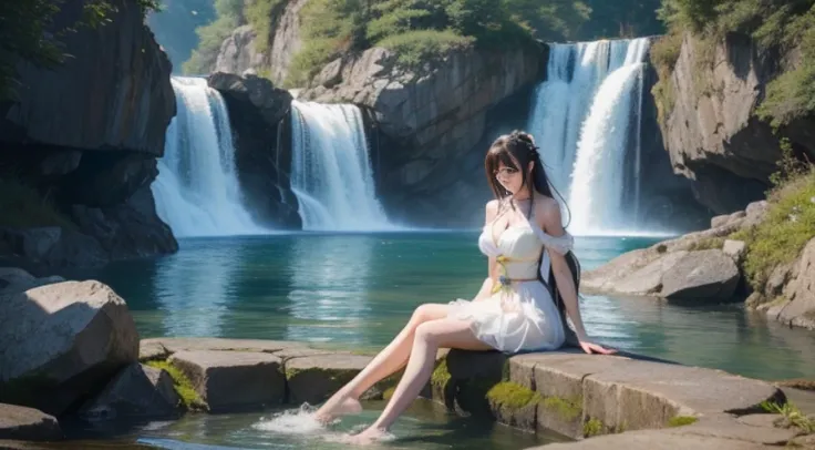 Anime girl in a white dress sitting in the water with a waterfall in the background, anime goddess, a beautiful fantasy empress, artwork in the style of guweiz, beautiful alluring anime woman, Trending on CGSTATION, guweiz, A beautiful maiden, goddess of J...