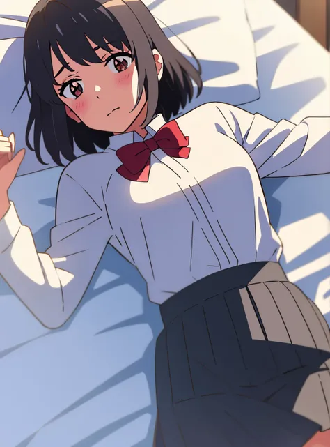 shinkai makoto, kimi no na wa., 1girl, bangs, bed sheet, black hair, blush, breasts, medium breast, brown eyes, red bow, short hair, solo, upper body, white long sleeve shirt, cowboy shot, groin, lying, medium breasts,  on back, grey skirt, bedroom,