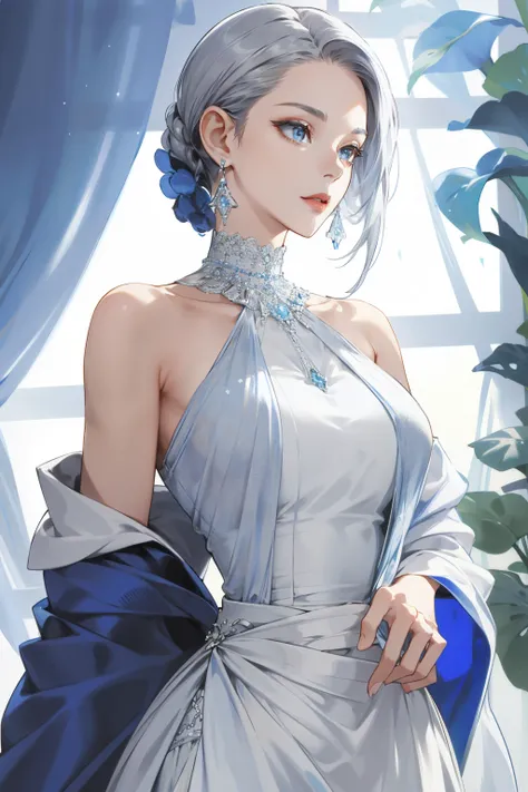 one shoulder，cropped shoulders，exquisite facial features，Blue earrings，Silver and white long dress，Conservative long skirt，