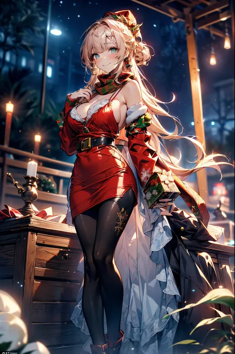 (Scine of Xmas events in Casino:1.3), ((matured girl wearing Sexy Santa clause costume with far:1.3, red dress with green, holding a present box in both hands to give viewers:1.2, close to viewers:1.2)), a matured woman with long black hair and a red outfi...