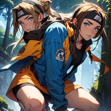 A European looking girl with messy straight brown hair, Handsomer, High quality picture, With Naruto headband With beaver symbol, Blue jacket, 4K quality, In the nature, both eyes clear