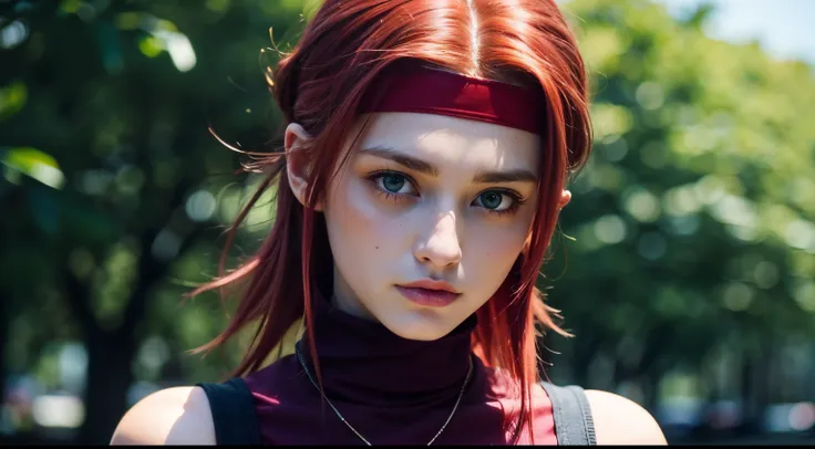 cosmieyes, british, kallen stadtfeld, blue eyes, ((headband)), ((red hair)), short hair, bandana, sleeveless, sleeveless turtlen...