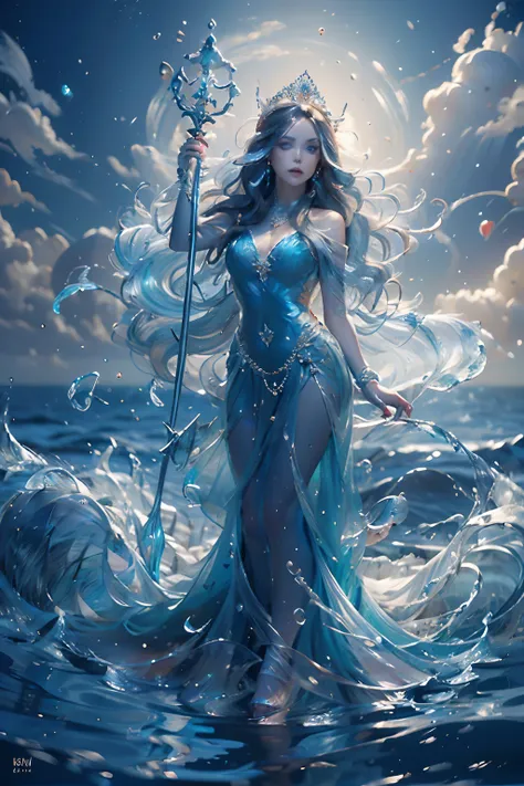 "(master part: 1.2), 8k uhd resolution, water goddess, standing ethereally amidst a vast sparkling ocean. sua silhueta se funde ...