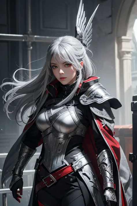 Assassin,silver and gray hair,silver and black and red helmet close face,grey eye,black costume,silver armor,red short cloak,red and silver glove