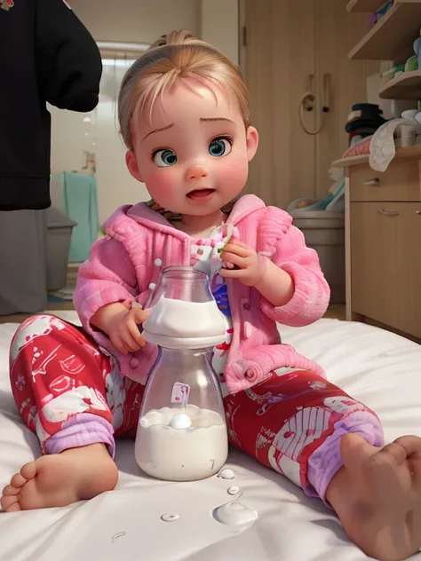 there is a baby sitting on a bed with a bottle of milk, spilled milk, puddle of milk, alexa grace, holding a bottle, babies in her lap, holding a milkor mgl, milk dripping, sea of milk, milk puddles, pouring, flowing milk, sitting in her room, bottle, adde...