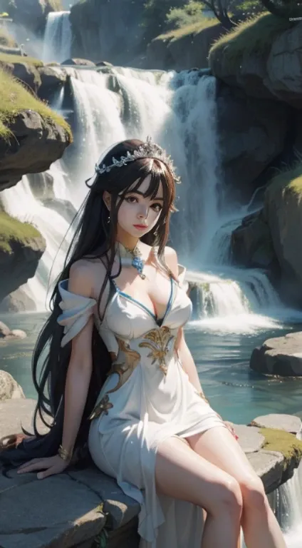 Anime girl in a white dress sitting in the water with a waterfall in the background, anime goddess, a beautiful fantasy empress, artwork in the style of guweiz, beautiful alluring anime woman, Trending on CGSTATION, guweiz, A beautiful maiden, goddess of J...