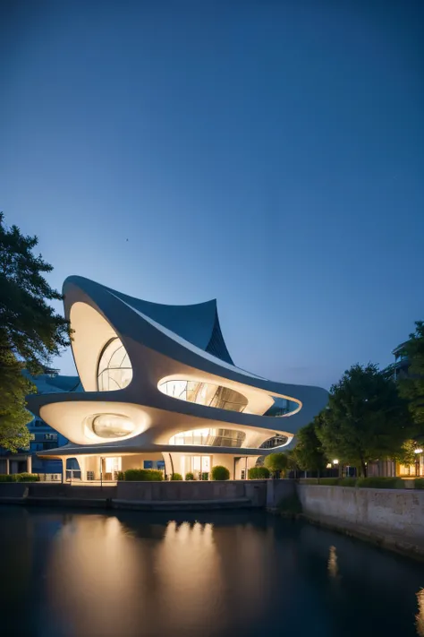 There is a fashionable restaurant on the clear river, there are some flowers on the river, pure sky, surrealism, futuristic architecture, architectural design, by architectural design experts, high precision, unique, combination of architecture and nature,...