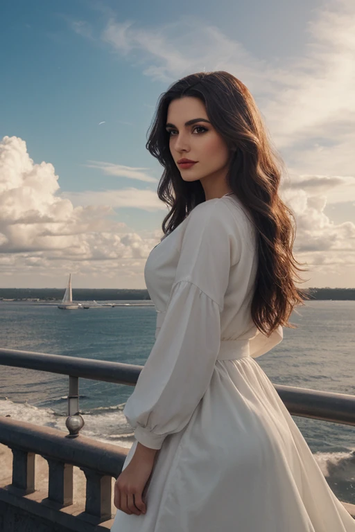 ((masterpiece)),a very beautiful Latin woman,27 years old,very long wavy hair,wearing well dressed,historical place,clouds,outside,natural,pastel colors,high quality,best quality,photorealistic, realistic,people