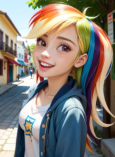 1girl, Obra maestra, (Antecedentes detallados), La mejor calidad, absurdos,
sonrisa afectada, calle, Tienda, corriente, boca cerrada, desde abajo,
mlpdash, personification, cabello multicolor, piel coloreada, piel azul,