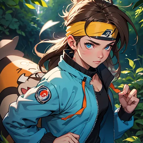 A European looking girl with messy straight brown hair, Handsomer, High quality picture, With Naruto headband With beaver symbol, Blue jacket, 4K quality, In the nature, both eyes clear, alone, shuriken