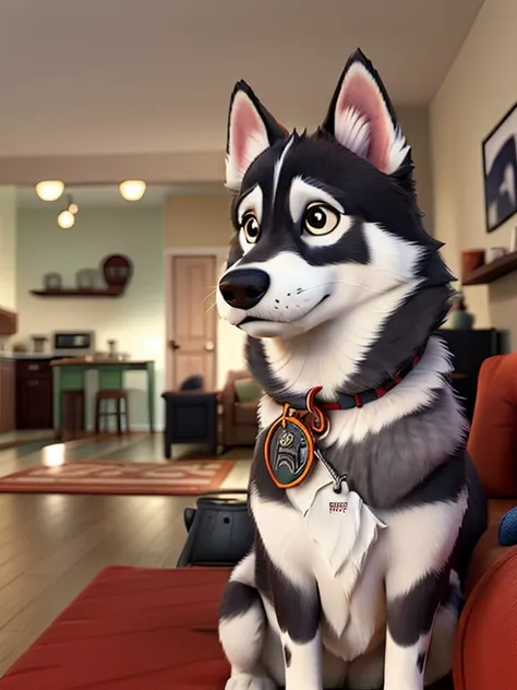 arafed dog sitting on a red couch in a living room, husky dog, sitting on the couch, husky, looking defiantly at the camera, proud looking away, staring directly at camera, looking to his side, staring at the camera, looking away from the camera, looking d...