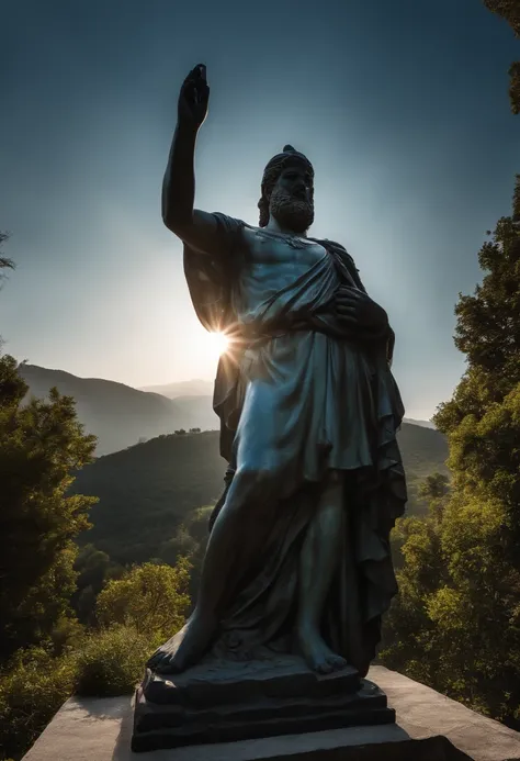 Erstellen Sie eine filmische 8K-Darstellung eines antiken griechischen Philosophen aus der Zeit um 250 v. Chr. J.-C. in einer denkenden Position und auf der Seite, Wie eine Statue geschnitzt und in einer Szene mit Tempeldekor platziert. Surround the statue...