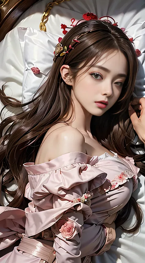 (1girl in:1.3), Cinematic Light,  (masutepiece, of the highest quality, Best Quality,  Beautiful and aesthetic:1.3), ighly detailed,highest details,(Ultra-detailed),, 
From  above,(( lying on bed)), 
Solo, breasts, Silky long hair, (Brown hair), Roses were...