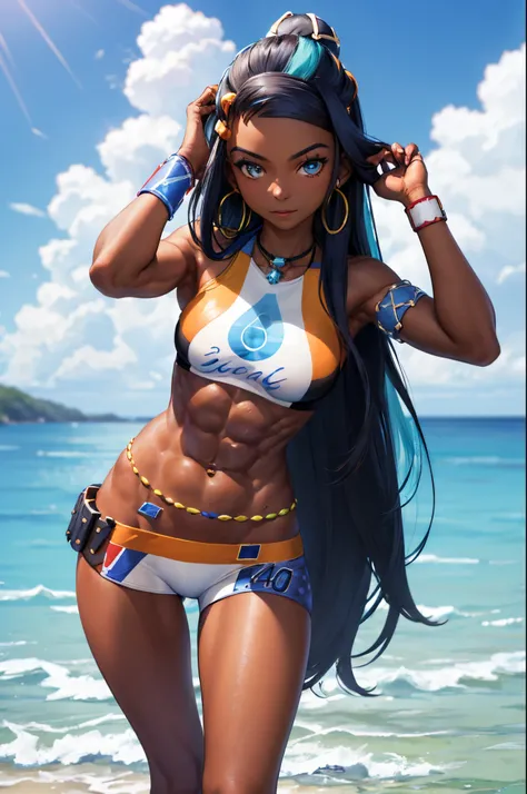 (masterpiece, best quality:1.2), cowboy shot, solo, 1girl, nessa, dark skin, dark-skinned female, slight smile, looking at viewer, hand on hip, single hair bun, swimsuit, bikini, jewelry, necklace, earrings, belly chain, armlet, midriff, beach, (abs:1.5)