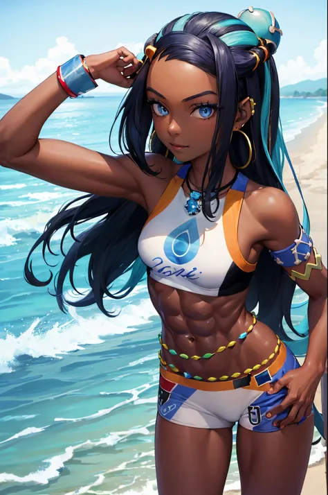 (masterpiece, best quality:1.2), cowboy shot, solo, 1girl, nessa, dark skin, dark-skinned female, slight smile, looking at viewer, hand on hip, single hair bun, swimsuit, bikini, jewelry, necklace, earrings, belly chain, armlet, midriff, beach, (abs:1.5)