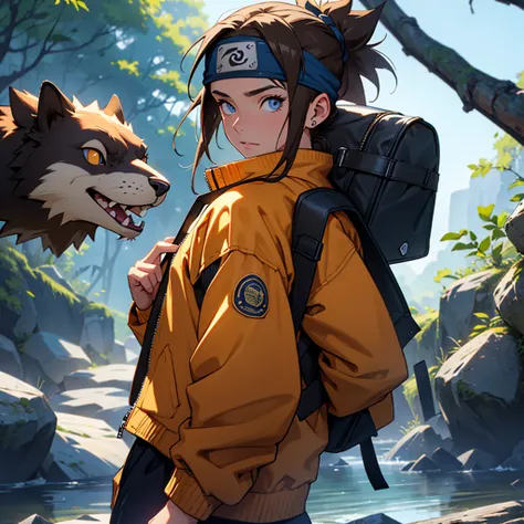 A European looking girl with messy straight brown hair, Handsomer, High quality picture, With Naruto headband With beaver symbol, dark Blue jacket, 4K quality, In the nature, both eyes clear, solo, wearing backpack.