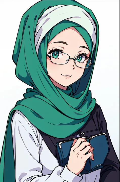 Masterpiece, best quality, highres, 4k, beautiful eyes, beautiful face, soft lighting, high detail, 1girl, wearing headscarf:1.2, wearing hijab:1.2, green headscarf, simple headscarf, light smile, looking at viewer, upper body, wearing glasses:1.2, white s...