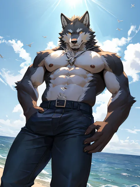 furry , bara , bitter wolf,masculine,No shirt..,Wear black underwear.,The organ was clearly pushed into his trouser pocket..,Standing by the sea,Look straight ahead.,low angle,sharp photo