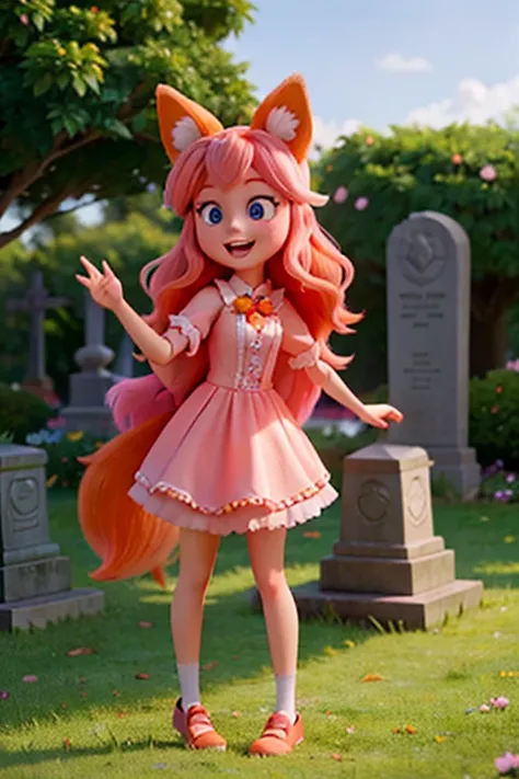 A pink haired woman with violet eyes  and pink fox ears is singing with an orange haired man with orange eyes with orange fox ears in the cemetery