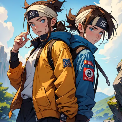 A European looking girl with messy straight brown hair, Handsomer, High quality picture, With Naruto headband With air symbol, Blue jacket, 4K quality, In the nature, both eyes clear, solo, wearing backpack,