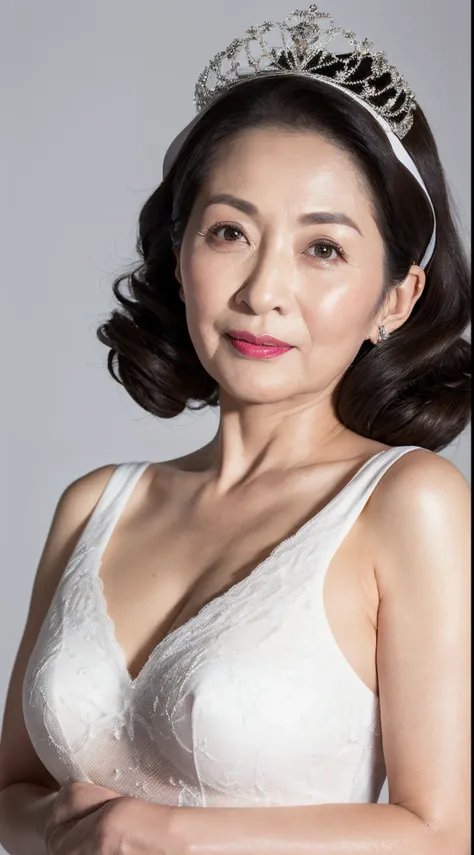 Remove Background, gravure, facing front, Wearing a tiara, red lipsticks, from the chest up, masterpiece, Best Quality, Ultra-detailed, Photorealistic, super detailed skin, Perfect Anatomy, (1 japanese mature woman), (Solo), 95 years old, Large breasts, Ma...