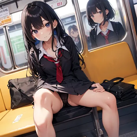 Black-haired schoolgirl、On the train、Sheer panties、low angles、pussy juice,