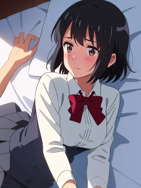 shinkai makoto, kimi no na wa., 1girl, bangs, bed sheet, black hair, blush, breasts, medium breast, brown eyes, red bow, short hair, solo, upper body, white long sleeve shirt, cowboy shot, lying, medium breasts,  on back, grey skirt, bedroom, pov, boys arm...