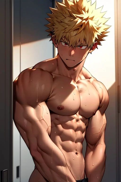 masterpiece, best quality red eyes, game cg, 1boy naked sweating, solo, male focus, looking at viewer, upper body sweating, bakugo katsuki, yellow hair, red eyes, shirtless naked, toned muscle sweating, pectorals, 8 abs, toned legs, naked, slightly bulged,...