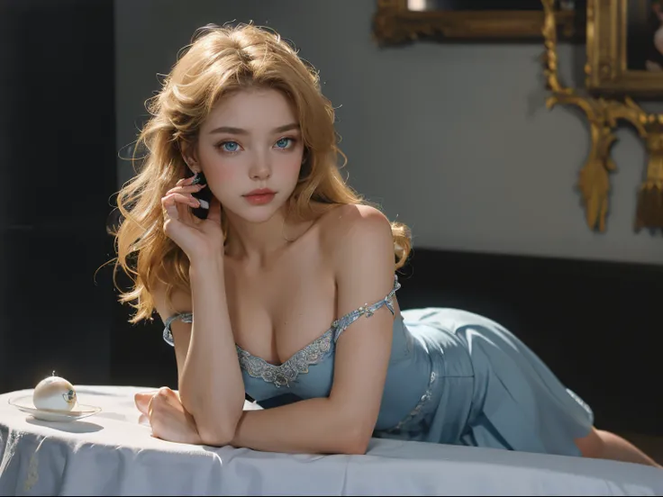 old movie，Classic movies，Elegant aristocratic girl，((tmasterpiece)),high high quality,ultra - detailed,coiffed blonde hair+blue attire:1.2,sweet and delicate girl,exquisite facial features,perfect body figure，There are bubbles around,The colors are bright ...